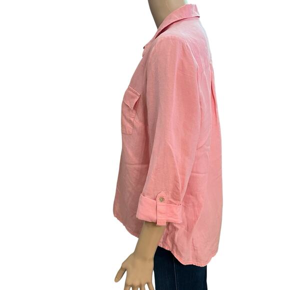 Tu Woman Linen Blend Shirt Size 10 Pink Roll Tab Sleeve Button Down Casual Woven - Picture 2 of 9
